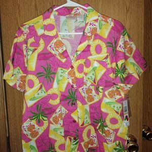 Vintage ERIKA S Hot Pink Hawaiian 90's Camp Shirt Button Vents Pocket